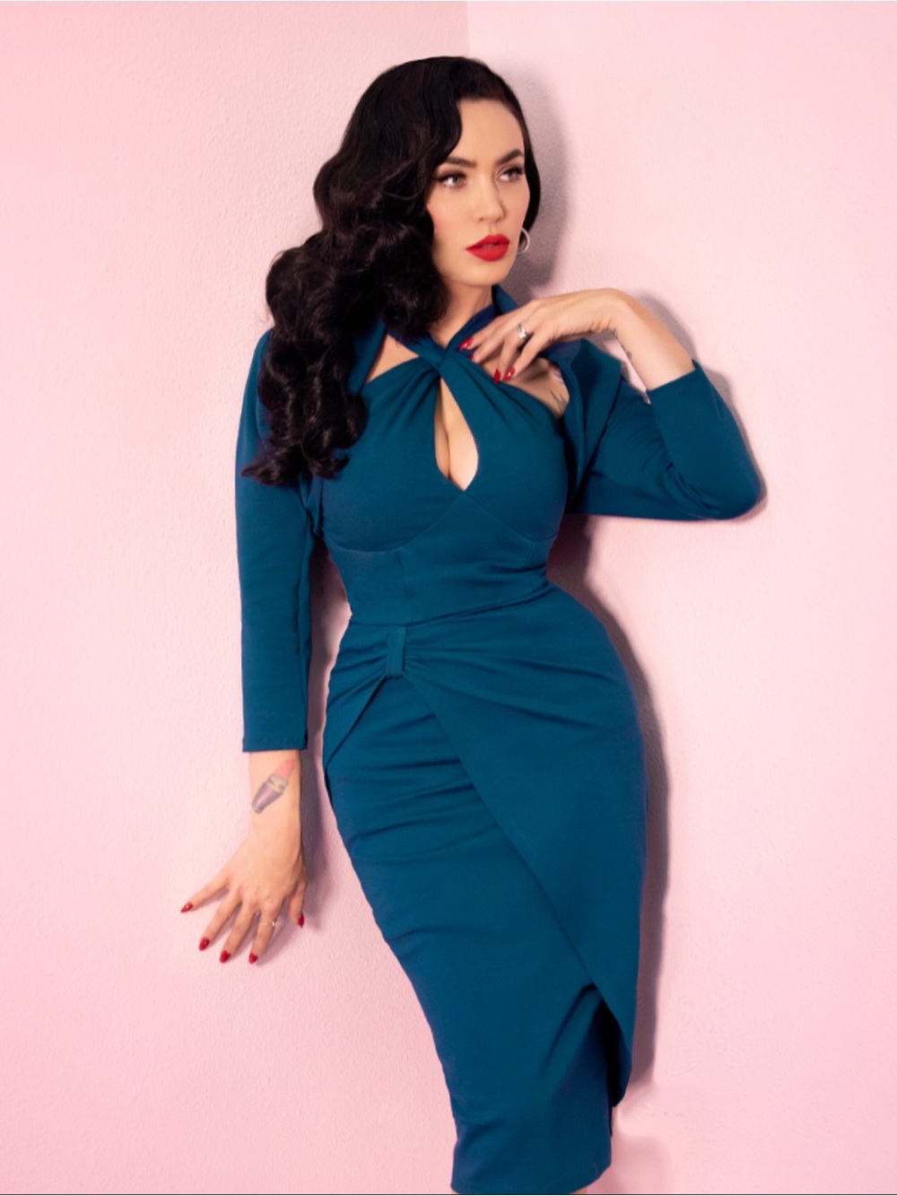 Teal Golden Era Wiggle Dress with matching Bolero - Vixen by Micheline Pitt